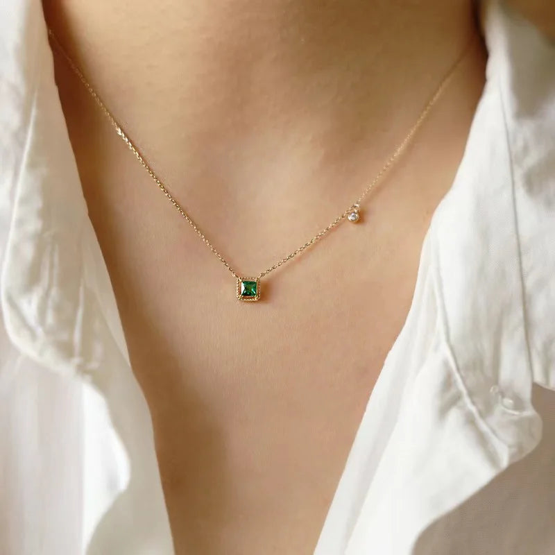 Jkli S925 Sterling Silver Simple Emerald Crystal Chain Necklace Women Light Luxury Temperament Plating 14K Gold Jew New Style