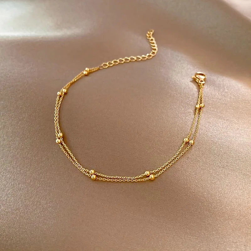 Fashionable 925 Sterling Silver Gold Small Round Bead Bracelet For Women's Retro Double-Layer Bracelet Birthday Jewelry Gift