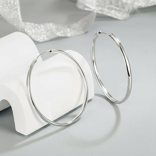 Genuine Sterling Silver Round Hoop Earrings for Women