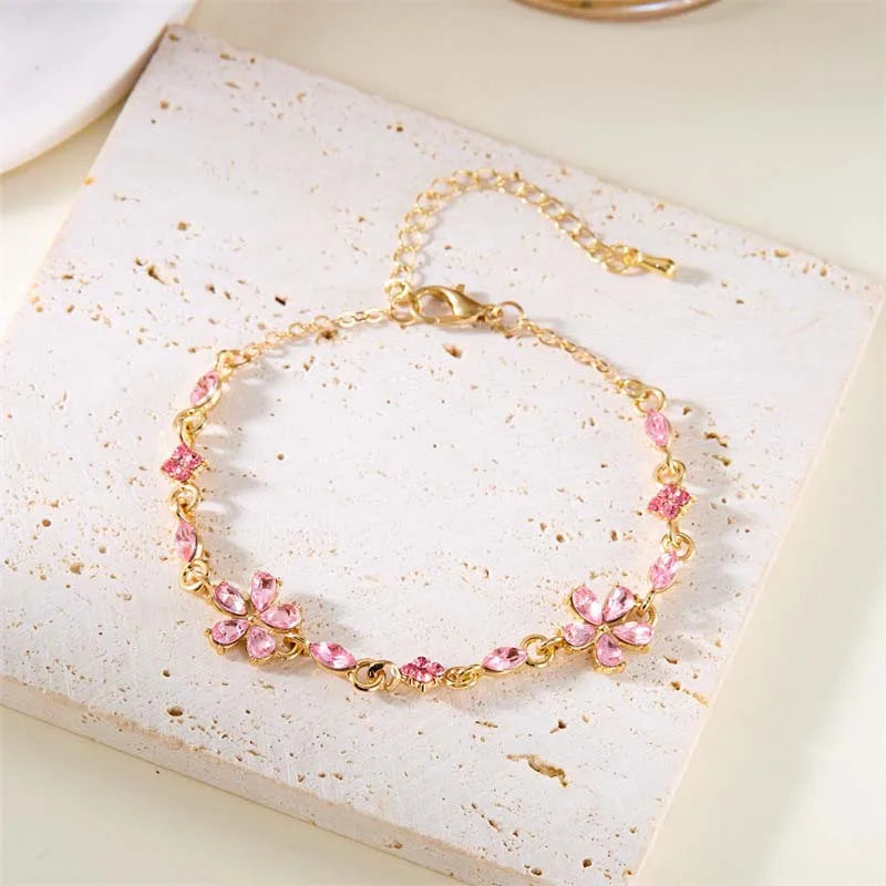 Luxury Colorful Zircon Flower Bracelet for Women Girls Korean Sweet Gold Color Crystal Adjustable Bracelet Jewelry Gift