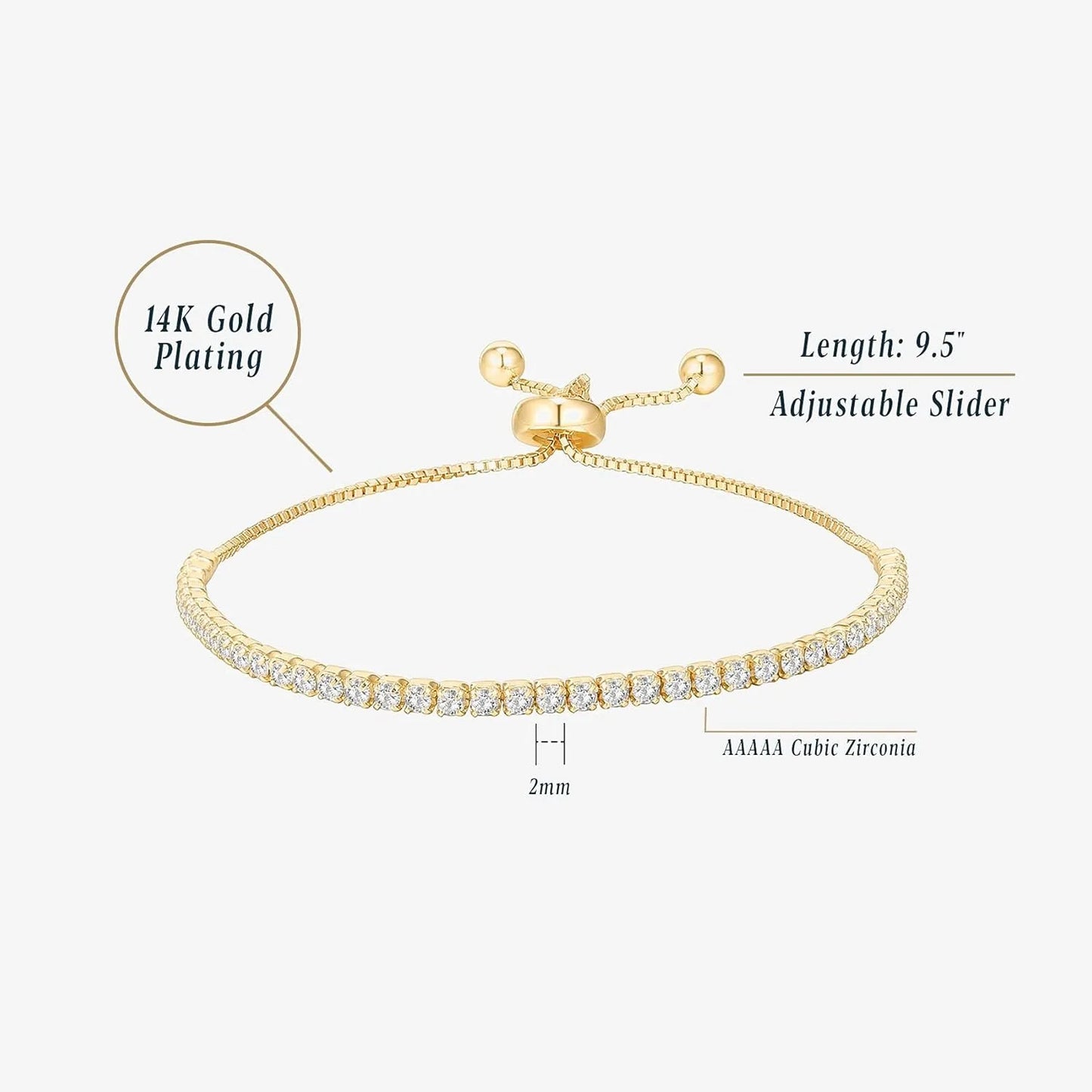 14K Gold Plated Cubic Zirconia Classic Tennis Bracelet for Women | Adjustable Slider| Gift for Women Trendy Bracelet for Women