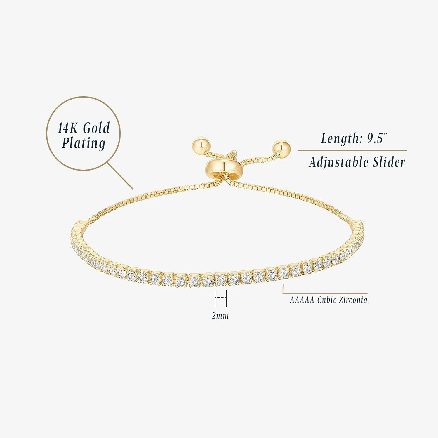 14K Gold Plated Cubic Zirconia Classic Tennis Bracelet for Women | Adjustable Slider| Gift for Women Trendy Bracelet for Women