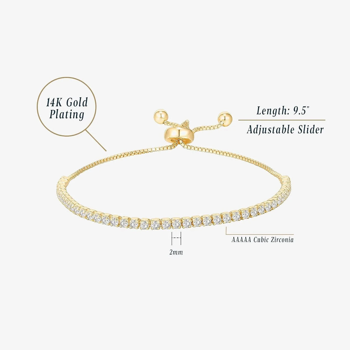 14K Gold Plated Cubic Zirconia Classic Tennis Bracelet for Women | Adjustable Slider| Gift for Women Trendy Bracelet for Women
