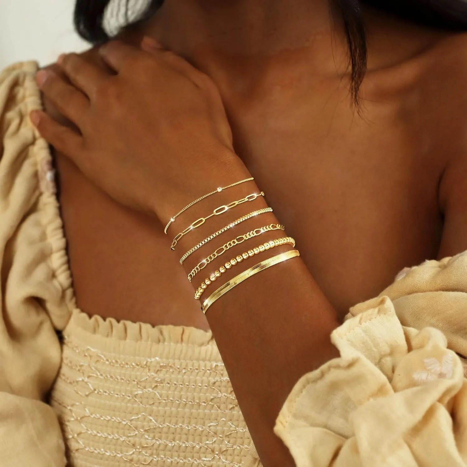 Gold Bracelets for Women Waterproof 14K Gold Plated Jewelry Set for Women Trendy Thindainty Stackable Cuban Link Paperclip Chain