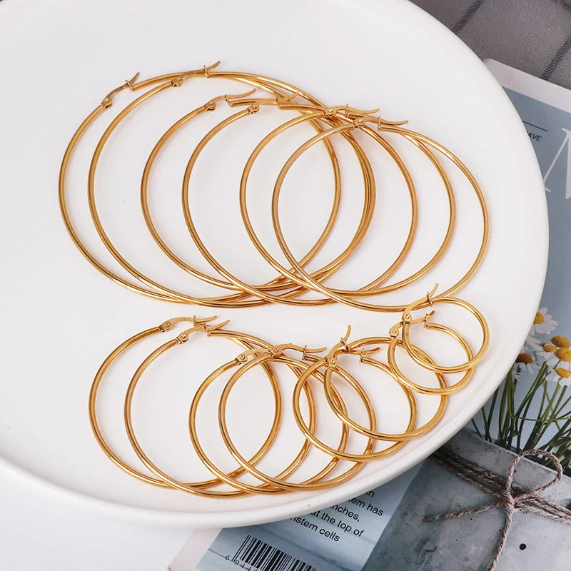 30-80Mm Big Simple Classic Hoop Earrings for Women Girls Circle Stainless Steel Earrings Gold Silver Color round Earings Gift