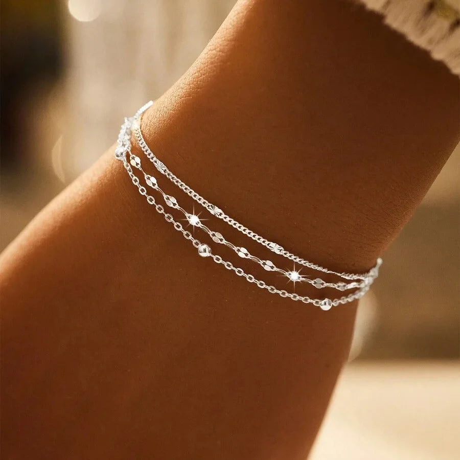 Sparking 925 Sterling Silver Chain Bracelets for Women Luxury Elegant Three Layer Geometric Bead Bracelet Party Wedding Jewelry