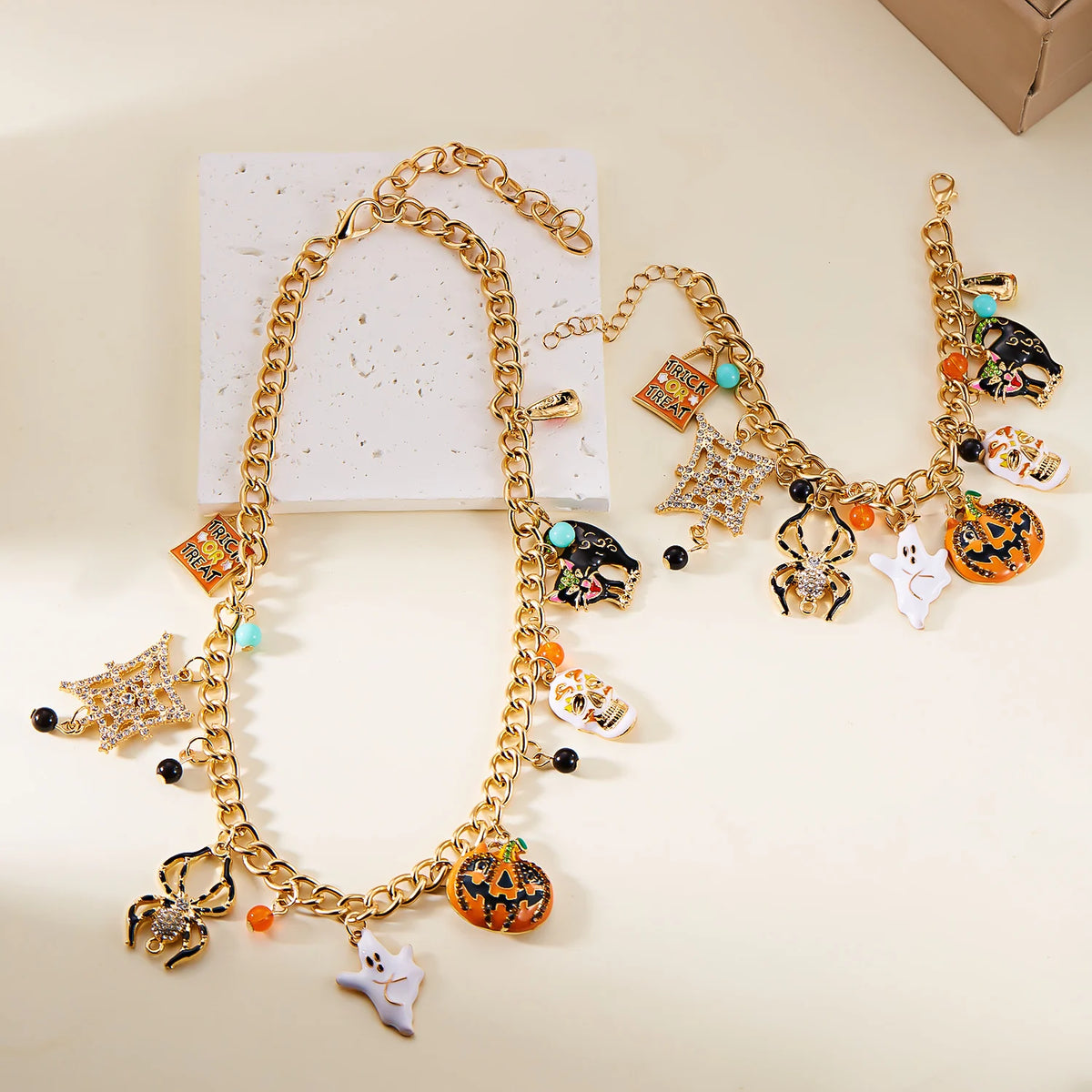 Halloween Inlaid Zircon Spider Web Pumpkin Ghost Black Cat Skeleton Pendant Necklace for Women Hip Hop Punk Festival Jewelry