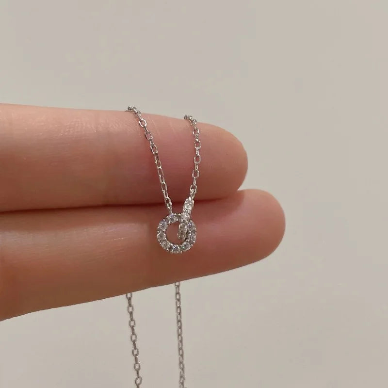 Christmas Gift 925 Sterling Silver Double Ring Zircon Necklace with Simple Temperament Geometric Collarbone Chain Party Jewelry