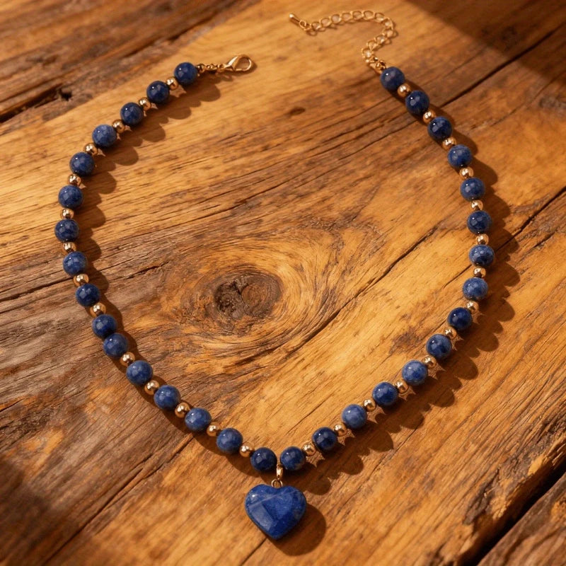 Round Bead Chain Paired with Blue Heart-Shaped Synthetic Zirconia Pendant Necklace Women'S Fashion Party Evening Dress Jewelry