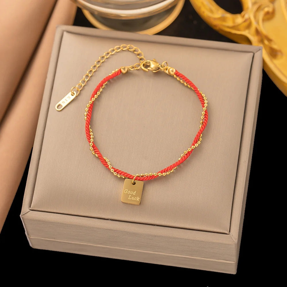 Stainless Steel Blessing Red Rope Bracelet for Women Girls Gold Color Exquisite Chinese Style Wrist Chains Party Jewelry Gifts