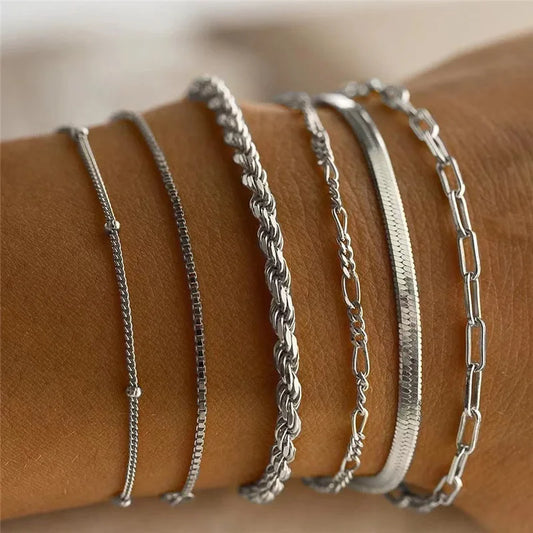 6Pcs Gold Color Bracelet Set for Women Bohemian Vintage Thick Twist Cuban Chain Bracelet Women’S Trendy Jewelry Gifts