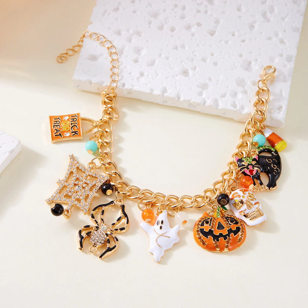 Halloween Inlaid Zircon Spider Web Pumpkin Ghost Black Cat Skeleton Pendant Necklace for Women Hip Hop Punk Festival Jewelry