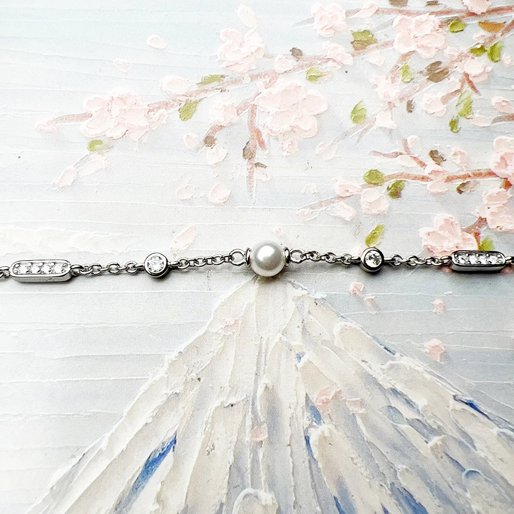 Bracelet Freshwater Pearl and White Stone 925 Sterling Silver Fine Jewelry Europe Women Classic Gift