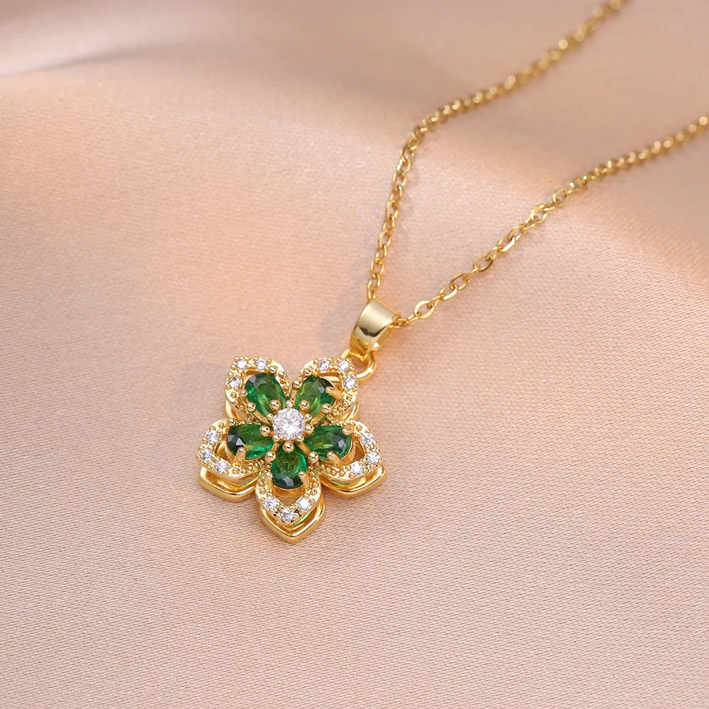 Shiny Zircon Romantic Flower Pendant Necklace for Women Gold Plated Rotatable Flowers Choker Girls Wedding Party Luxury Jewelry