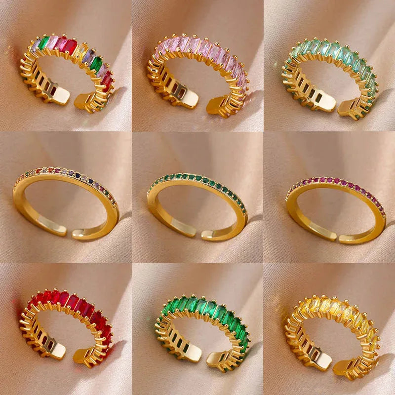 Mini Zircon Green Rings for Women Stainless Steel Gold Color Adjustable Finger Ring Engagement Wedding Christmas Jewelry Gift