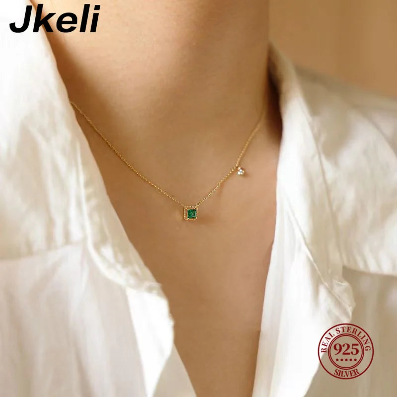 Jkli S925 Sterling Silver Simple Emerald Crystal Chain Necklace Women Light Luxury Temperament Plating 14K Gold Jew New Style