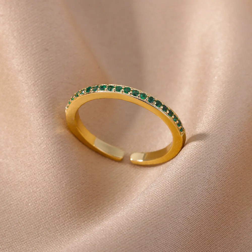 Mini Zircon Green Rings for Women Stainless Steel Gold Color Adjustable Finger Ring Engagement Wedding Christmas Jewelry Gift