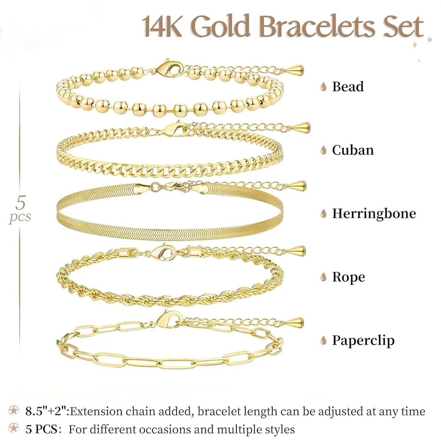Gold Bracelets for Women Bracelets Set for Women Gold Bracelets Stack with Beaded, Cuban, Paperclip, Snake, Rope Gifts for Women