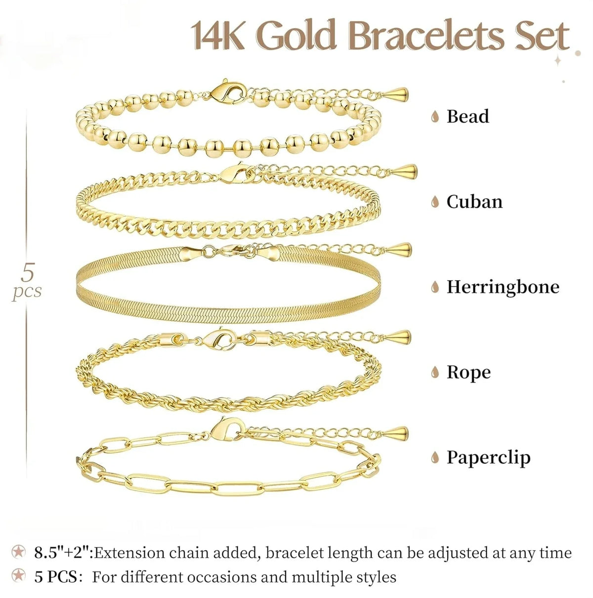 Gold Bracelets for Women Bracelets Set for Women Gold Bracelets Stack with Beaded, Cuban, Paperclip, Snake, Rope Gifts for Women