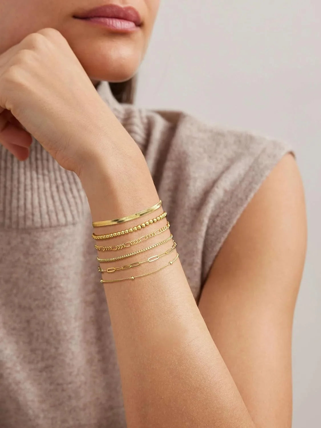 Gold Bracelets for Women Waterproof 14K Gold Plated Jewelry Set for Women Trendy Thindainty Stackable Cuban Link Paperclip Chain