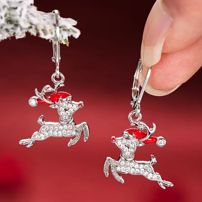 Exquisite Elk Shaped Dangle Earrings with Santa Claus Hat Sparkling CZ Silver Color Fashion Christmas Jewelry for Women