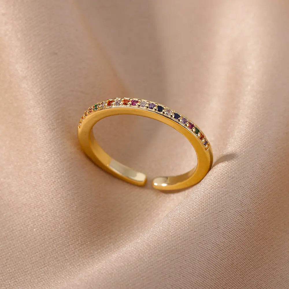 Mini Zircon Green Rings for Women Stainless Steel Gold Color Adjustable Finger Ring Engagement Wedding Christmas Jewelry Gift
