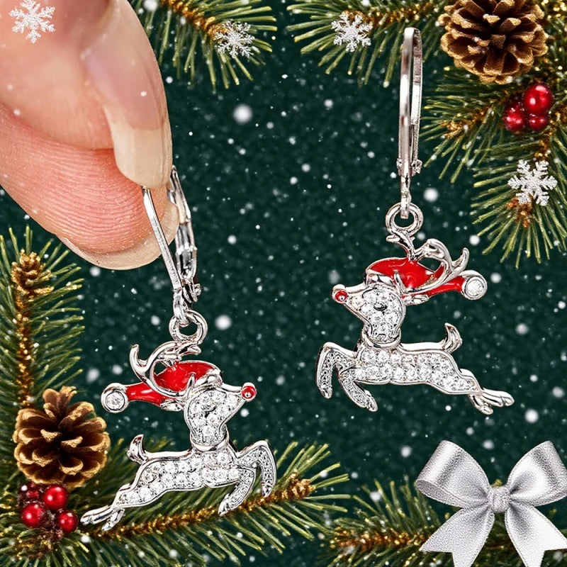 Exquisite Elk Shaped Dangle Earrings with Santa Claus Hat Sparkling CZ Silver Color Fashion Christmas Jewelry for Women