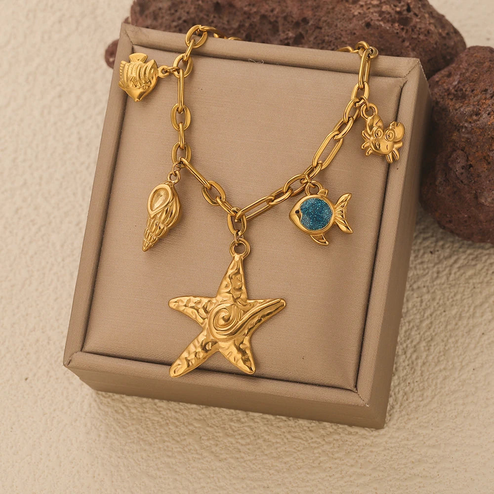 Stainless Steel Starfish Seashell Bracelet Gold-Plated Pendant Bracelets for Women Jewelry Waterprooftrendy Jewelry Gift