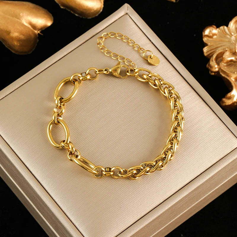 316L Stainless Steel Gold Color Bracelet Bangle Jewelry Charm Metal Texture 18 K Plated Heart Wrist Chain for Women