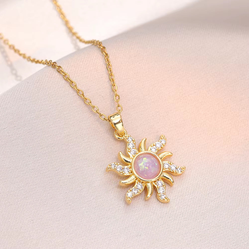 Stainless Steel Sun Opal Pendant Necklace for Women Zircon Sunflower Choker Aesthetic Boho Clavicle Chain Fashion Jewelry Gift