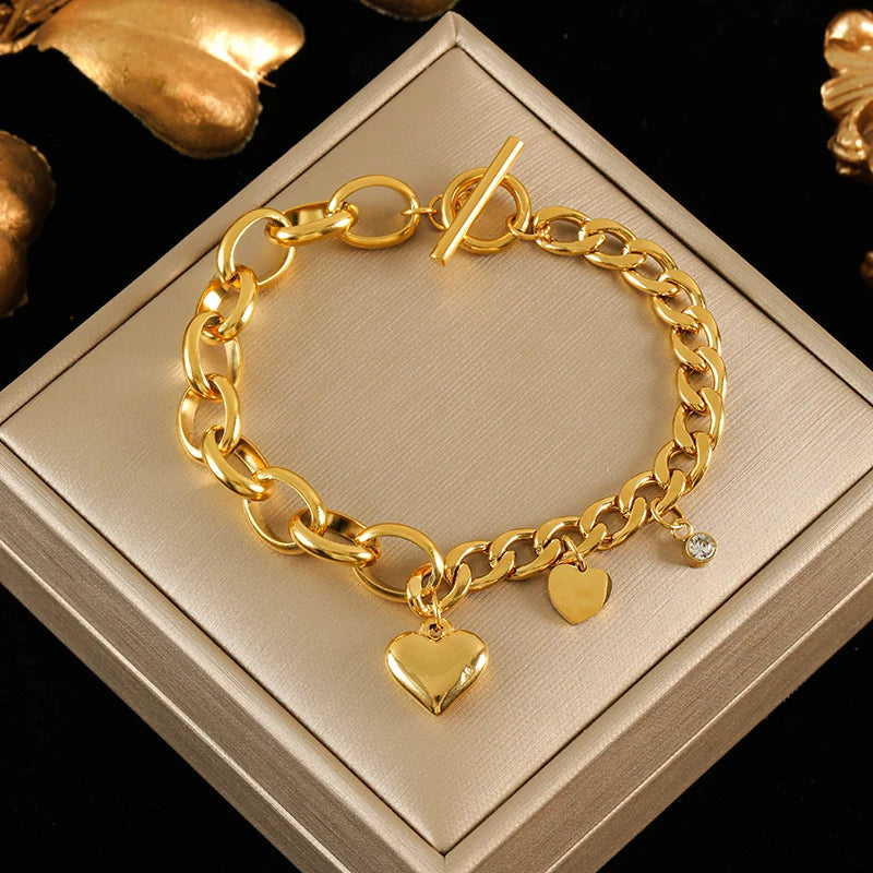 316L Stainless Steel Gold Color Bracelet Bangle Jewelry Charm Metal Texture 18 K Plated Heart Wrist Chain for Women