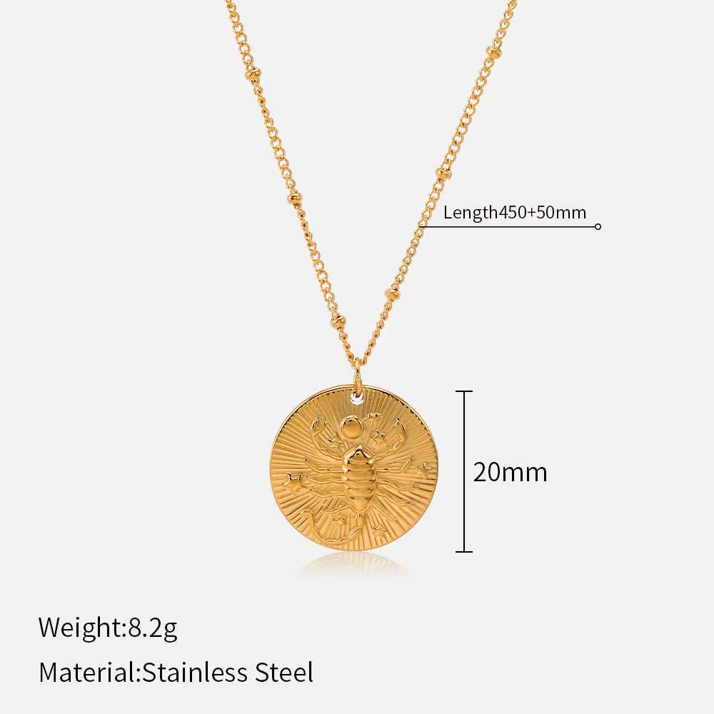 12 Zodiac Constellation Stainless Steel Necklace for Women Golden Amulet Vintage Plated round Coin Pendant Trendy Clavicle Chain