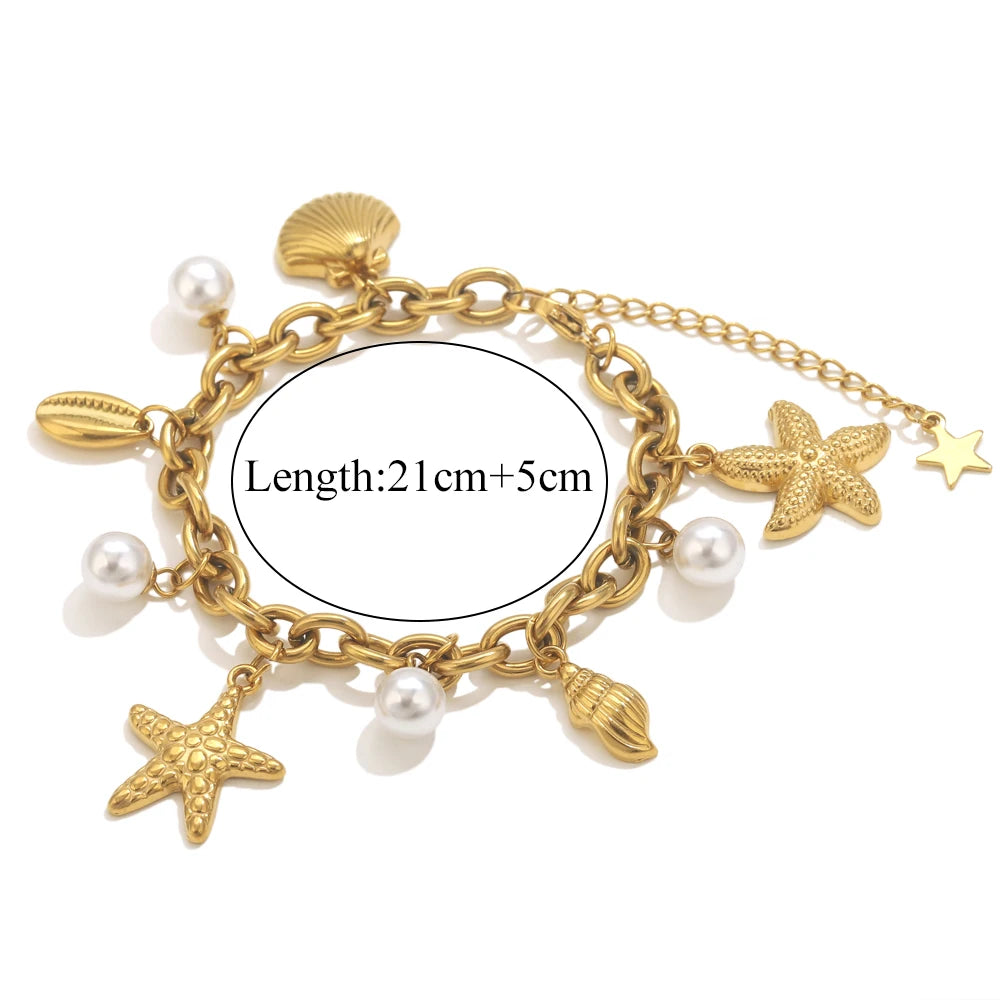 Stainless Steel Starfish Seashell Bracelet Gold-Plated Pendant Bracelets for Women Jewelry Waterprooftrendy Jewelry Gift