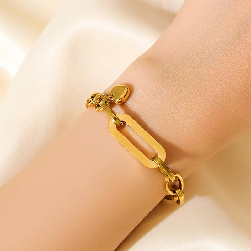 316L Stainless Steel Gold Color Bracelet Bangle Jewelry Charm Metal Texture 18 K Plated Heart Wrist Chain for Women