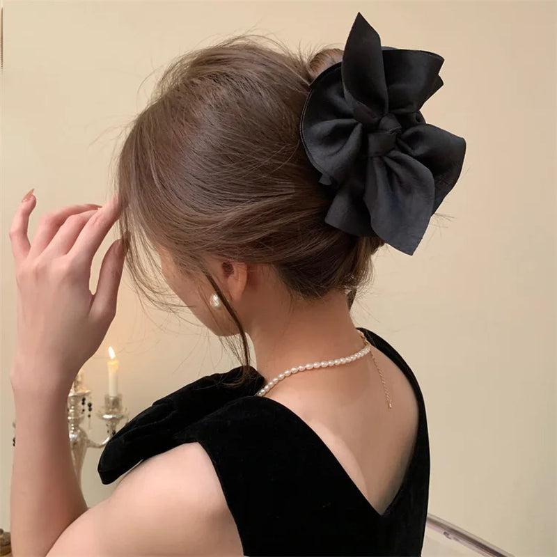 New Large Fabric Large Bow Grasping Clip Retro Ponytail Braid Claw Clip Trendy Sweet Girl Hair Clip Delicate Hair Accessories