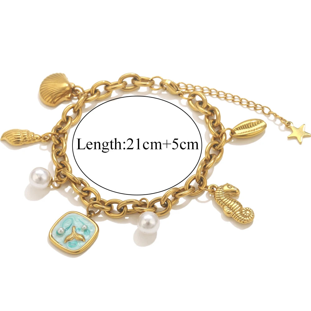 Stainless Steel Starfish Seashell Bracelet Gold-Plated Pendant Bracelets for Women Jewelry Waterprooftrendy Jewelry Gift