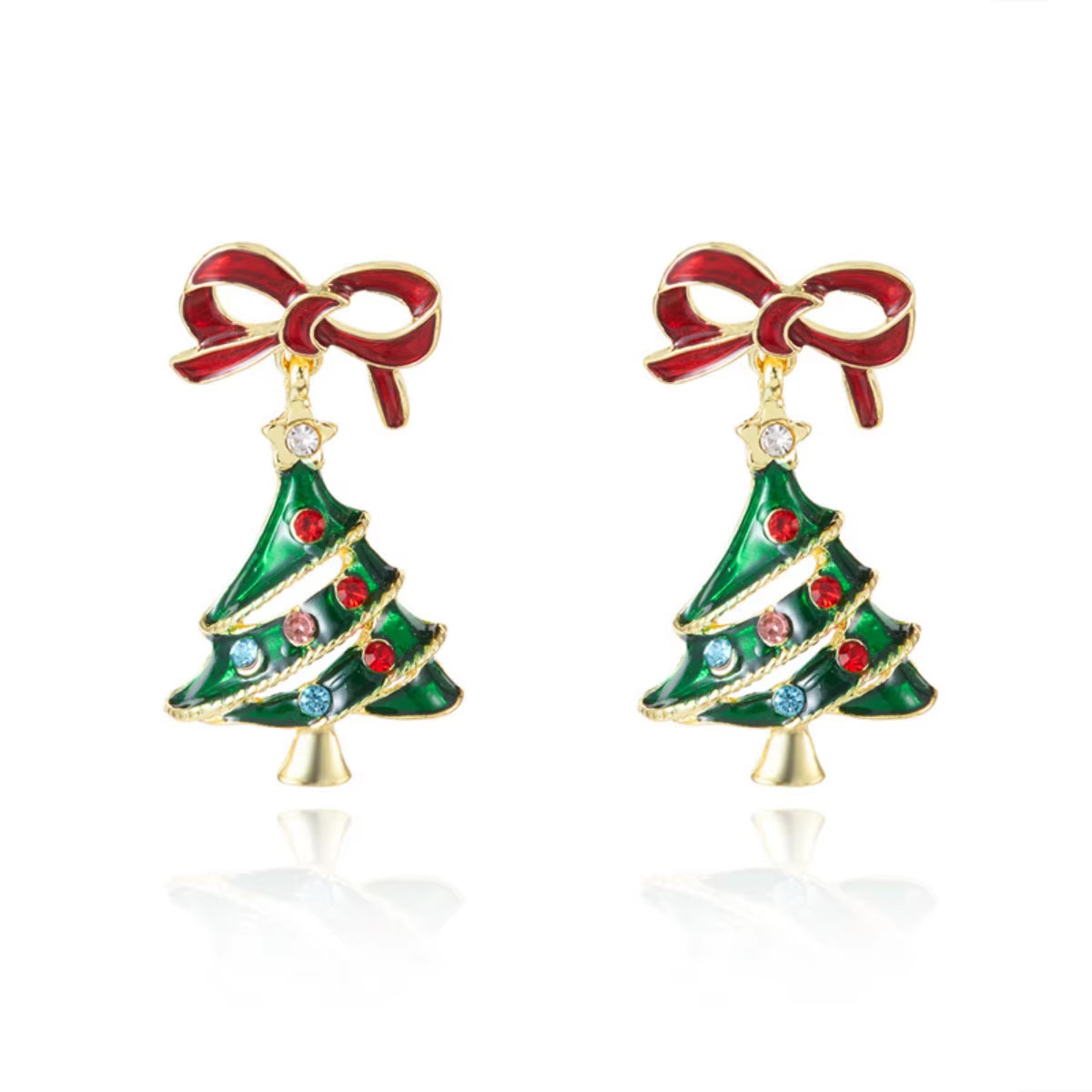 Christmas Red Bowknot Colorful Rhinestone Enamel Tree Drop Earrings Xmas Tree Holiday Dangle Earring Jewelry Gift for Women Men