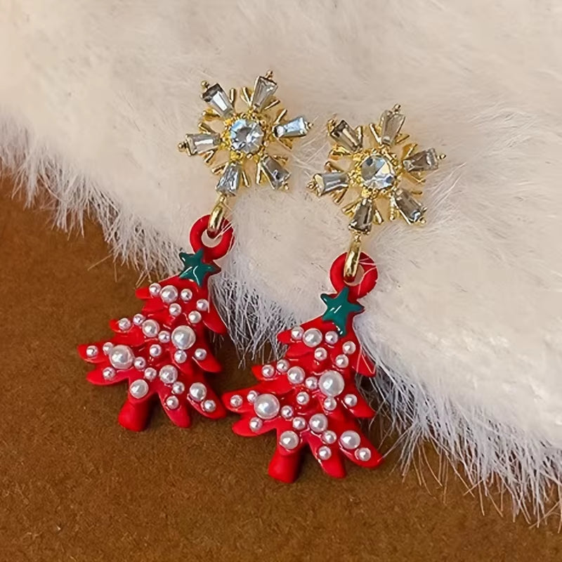 Luxurious Exquisite Fashionable Snowflake Inlaid Zircon Christmas Tree Shaped Pendant Earrings for Women'S Holiday Party Jewelry