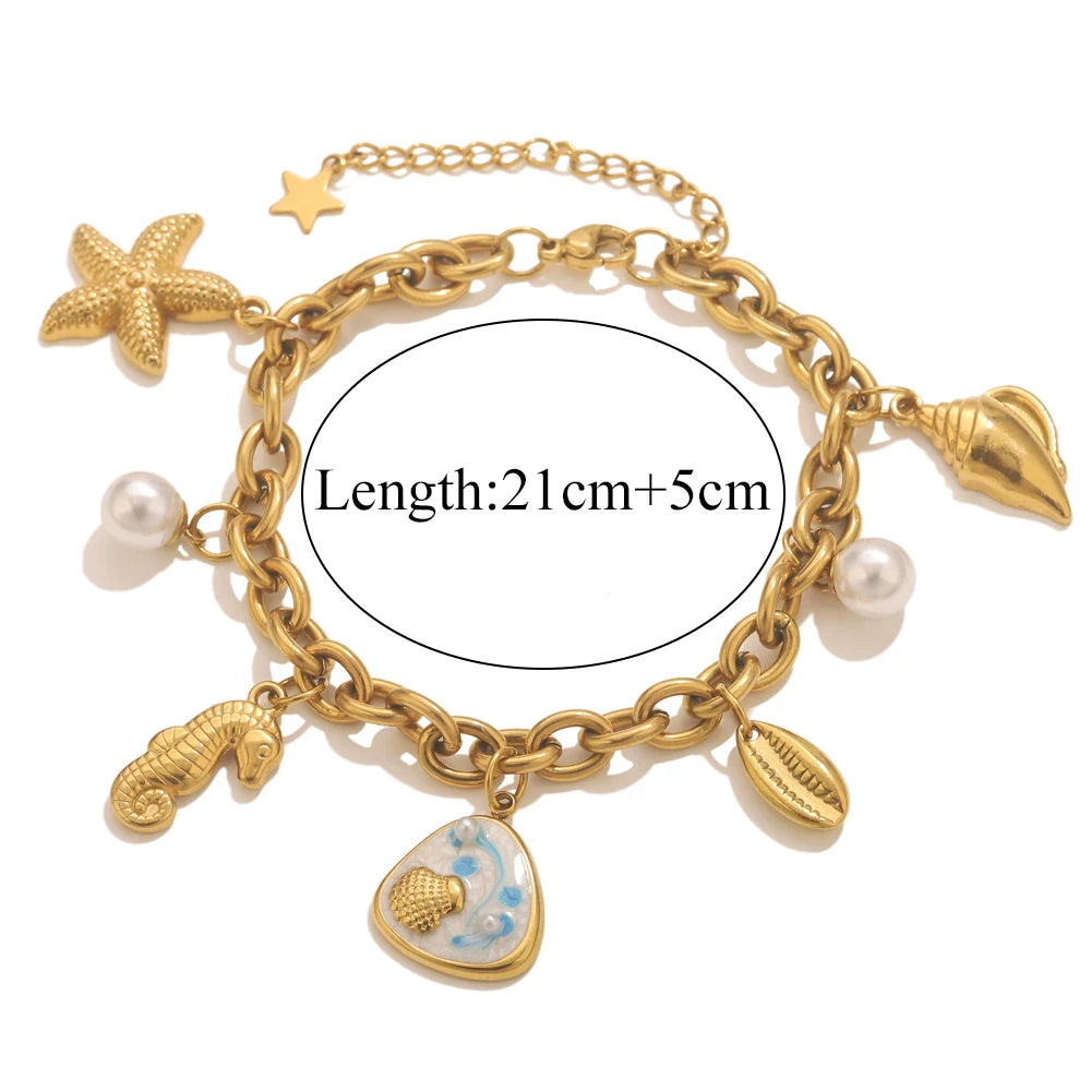 Stainless Steel Starfish Seashell Bracelet Gold-Plated Pendant Bracelets for Women Jewelry Waterprooftrendy Jewelry Gift