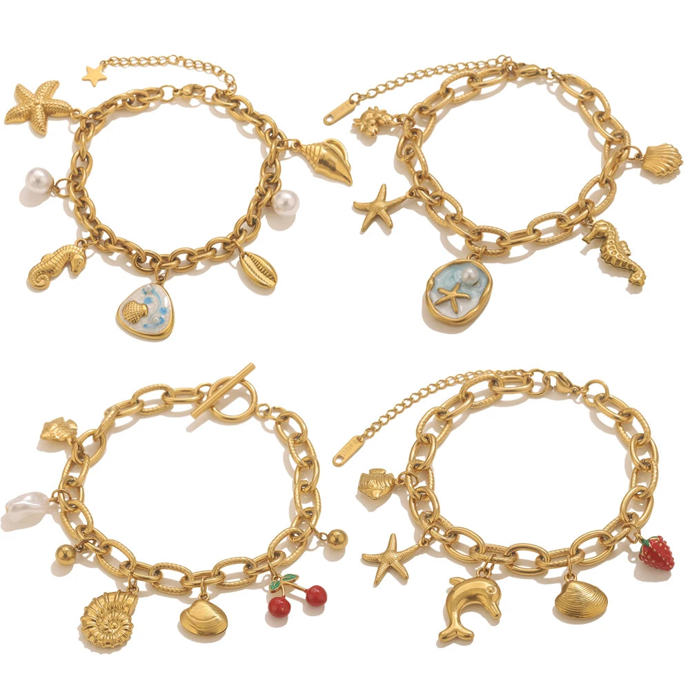 Stainless Steel Starfish Seashell Bracelet Gold-Plated Pendant Bracelets for Women Jewelry Waterprooftrendy Jewelry Gift