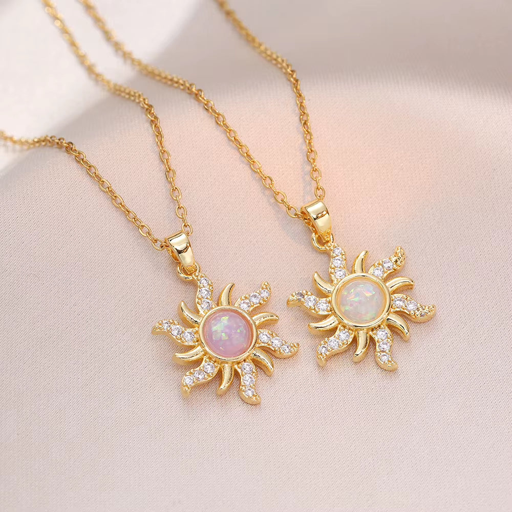 Stainless Steel Sun Opal Pendant Necklace for Women Zircon Sunflower Choker Aesthetic Boho Clavicle Chain Fashion Jewelry Gift