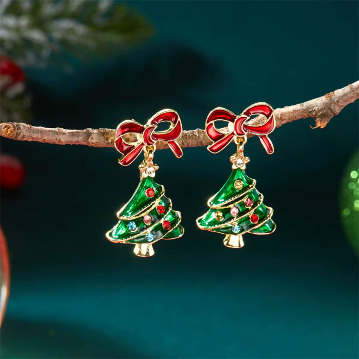 Christmas Red Bowknot Colorful Rhinestone Enamel Tree Drop Earrings Xmas Tree Holiday Dangle Earring Jewelry Gift for Women Men