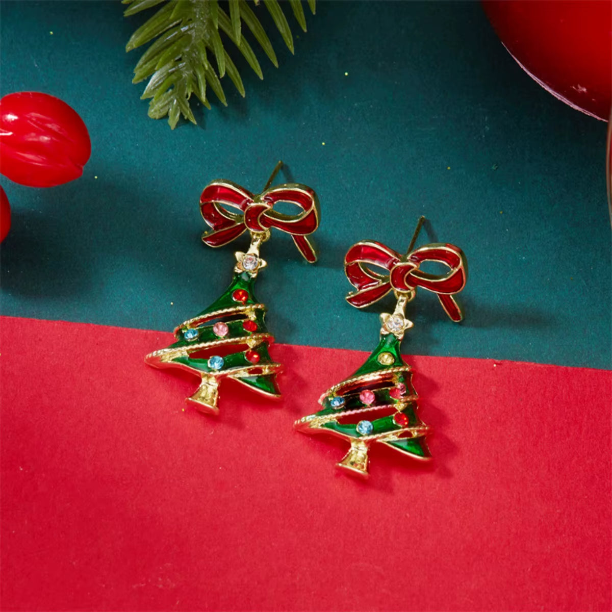 Christmas Red Bowknot Colorful Rhinestone Enamel Tree Drop Earrings Xmas Tree Holiday Dangle Earring Jewelry Gift for Women Men