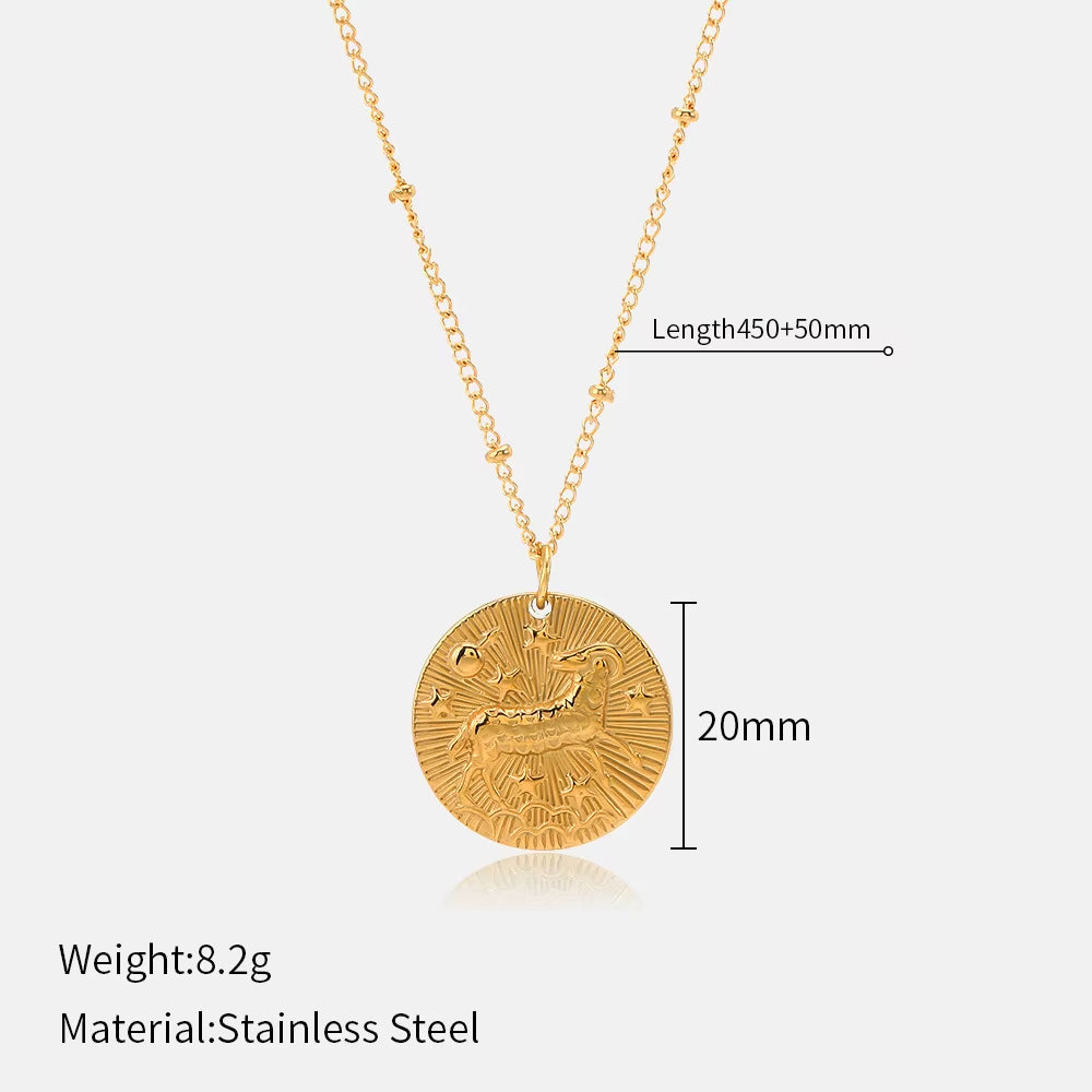 12 Zodiac Constellation Stainless Steel Necklace for Women Golden Amulet Vintage Plated round Coin Pendant Trendy Clavicle Chain