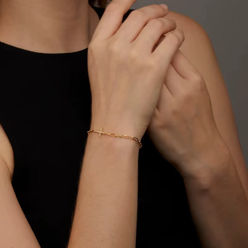 Dainty Crystal Rhinestone Cross Charm Bracelet Gold Plated Stainless Steel Chain Bracelets for Women Jewelry