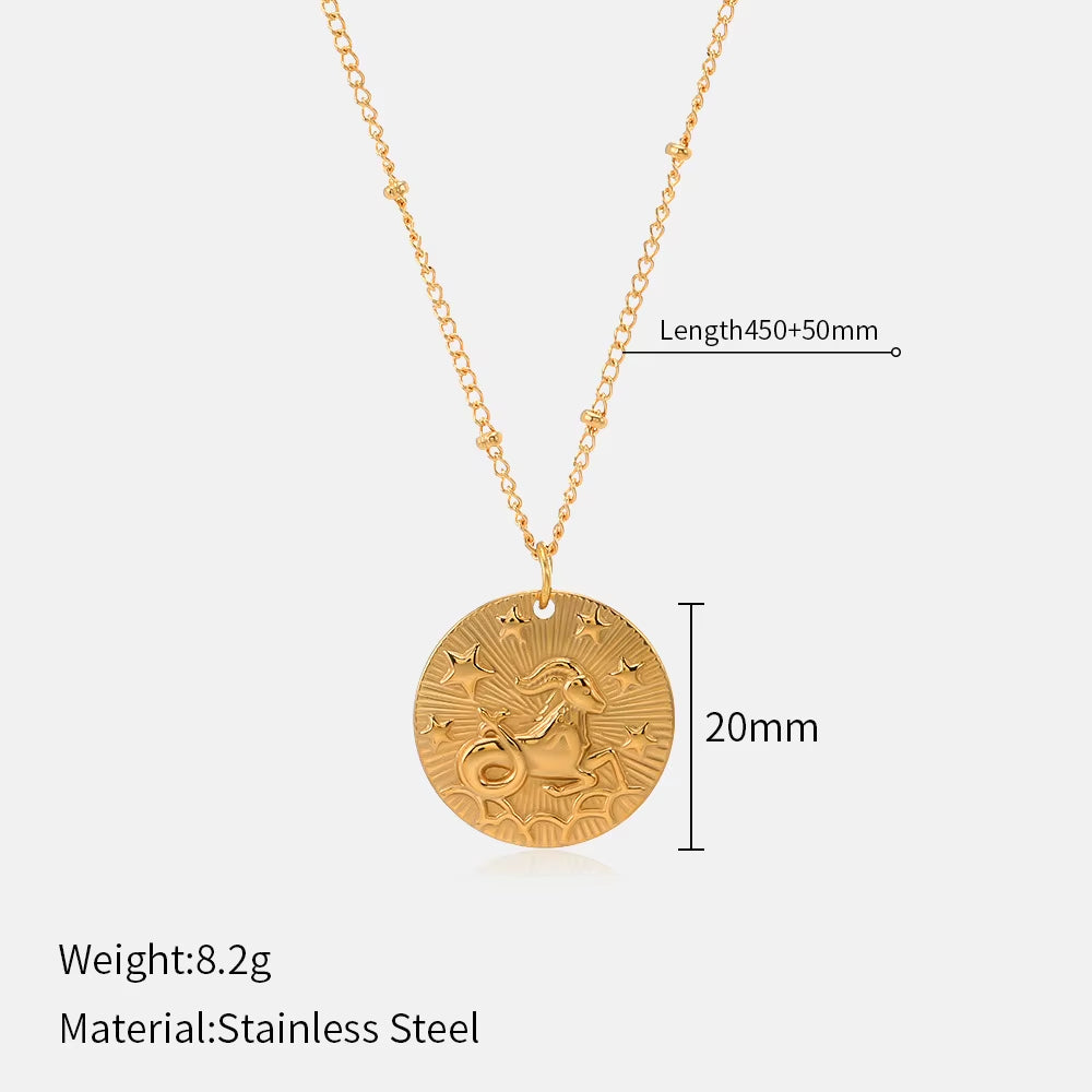 12 Zodiac Constellation Stainless Steel Necklace for Women Golden Amulet Vintage Plated round Coin Pendant Trendy Clavicle Chain